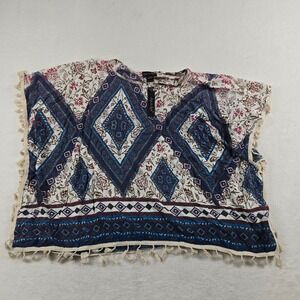 Step In Style Women Navy Blue Geometric Floral Tassel Poncho Kaftan Top One Size